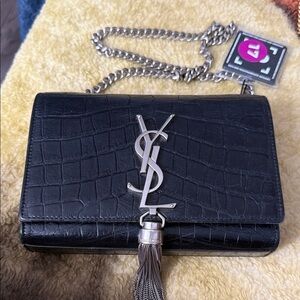 Yves Saint Laurent Black Croc-Embossed Crossbody Bag